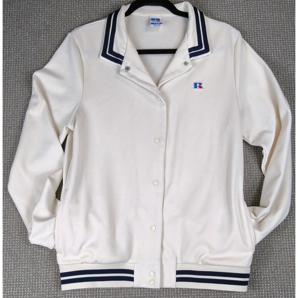 Vtg Russell Athletic Varsity Track Jacket Cream Navy Trim Snap Front Bomber Mens